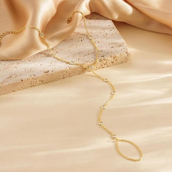 Gold Hand Chain Bracelet Womens 14K Gold Plated Dainty Waterproof Jewelry - Picture 6 of 8